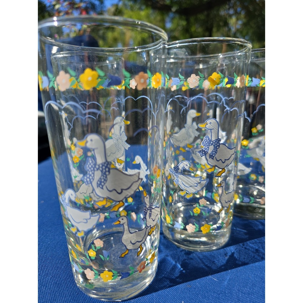 Vtg Glass Tumblers Blue Country Goose Ribbon Geese Floral Cottagecore Set of 5